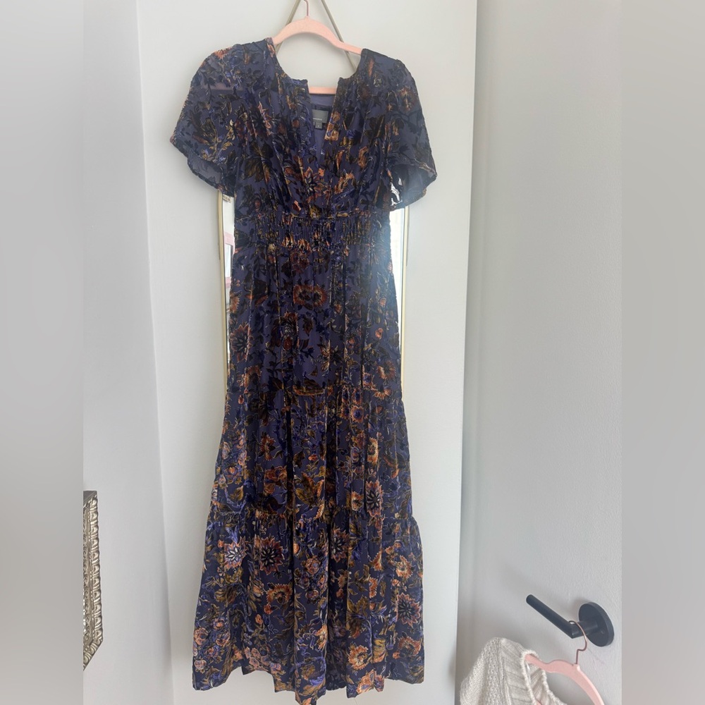 Anthropologie Navy Maxi Dress with Rust Floral Print